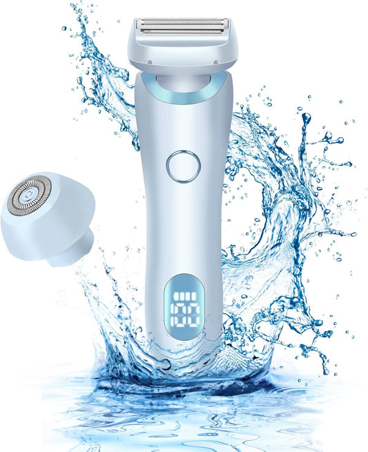 2-in-1 Women's Electric Shaver and Bikini Trimmer - Rechargeable, Painless Hair Removal for Legs, Underarms, Face, and Pubic Areas, Wet/Dry Use, IPX7 Waterproof, Detachable Head, Blue